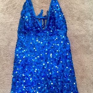 Blue Sequin Halter Dress